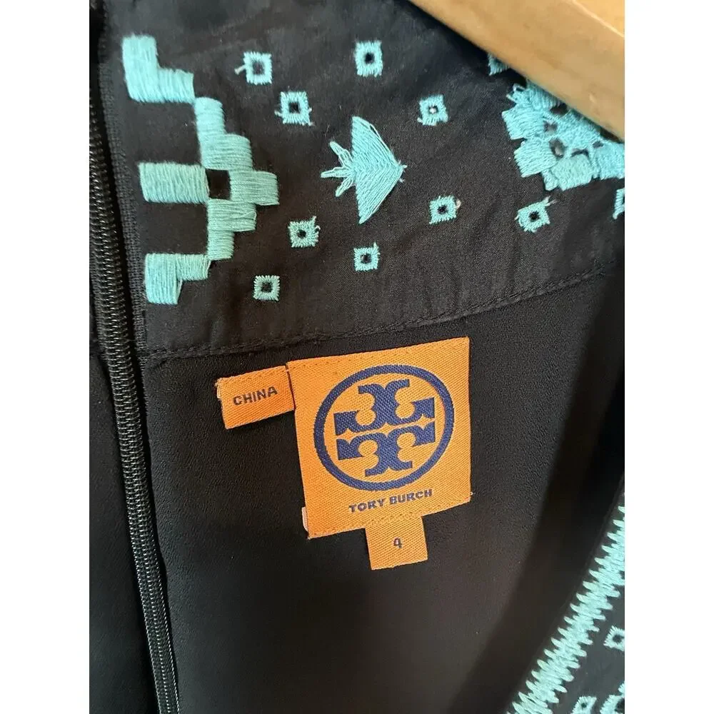 Tory Burch Lottie Size 4 Black Turquoise Embroidered Silk Tie Belt Shift Dress